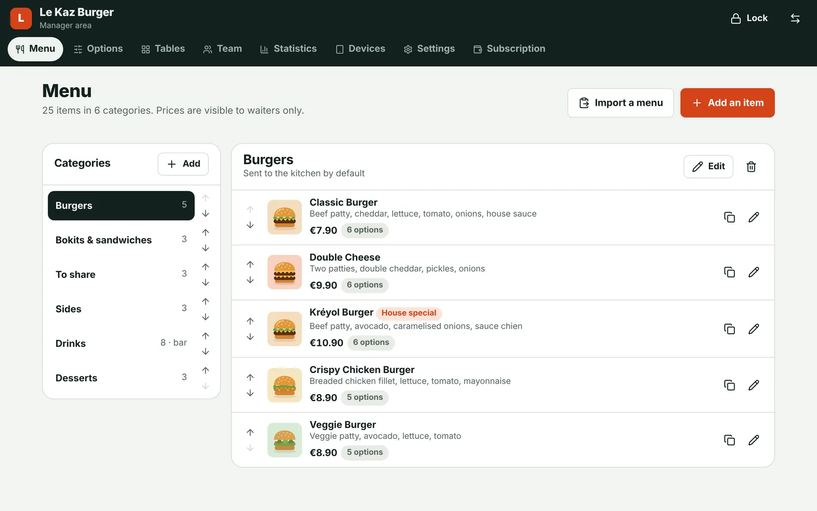 Manager area: the menu with photos, prices and options