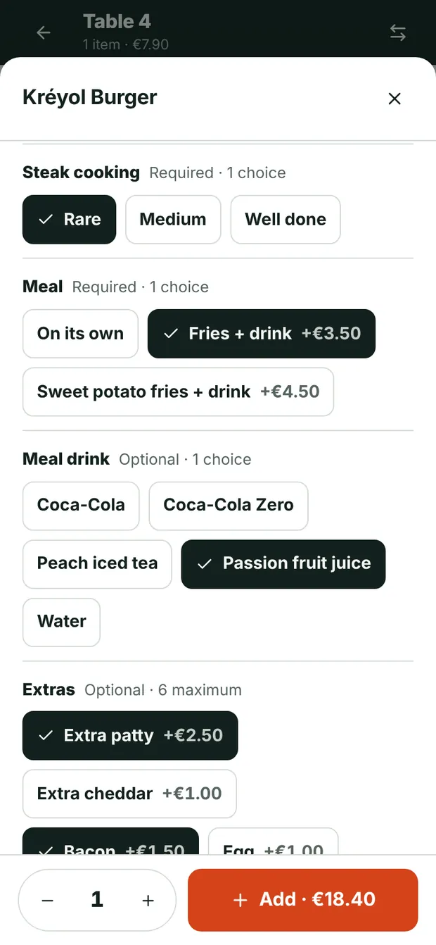 Waiter’s phone: customising a burger (cooking, extras, no onion)