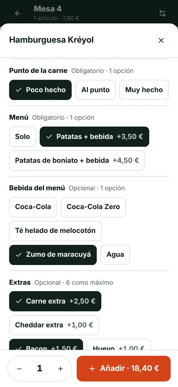 Teléfono del camarero: personalización de una hamburguesa (cocción, extras, sin cebolla)