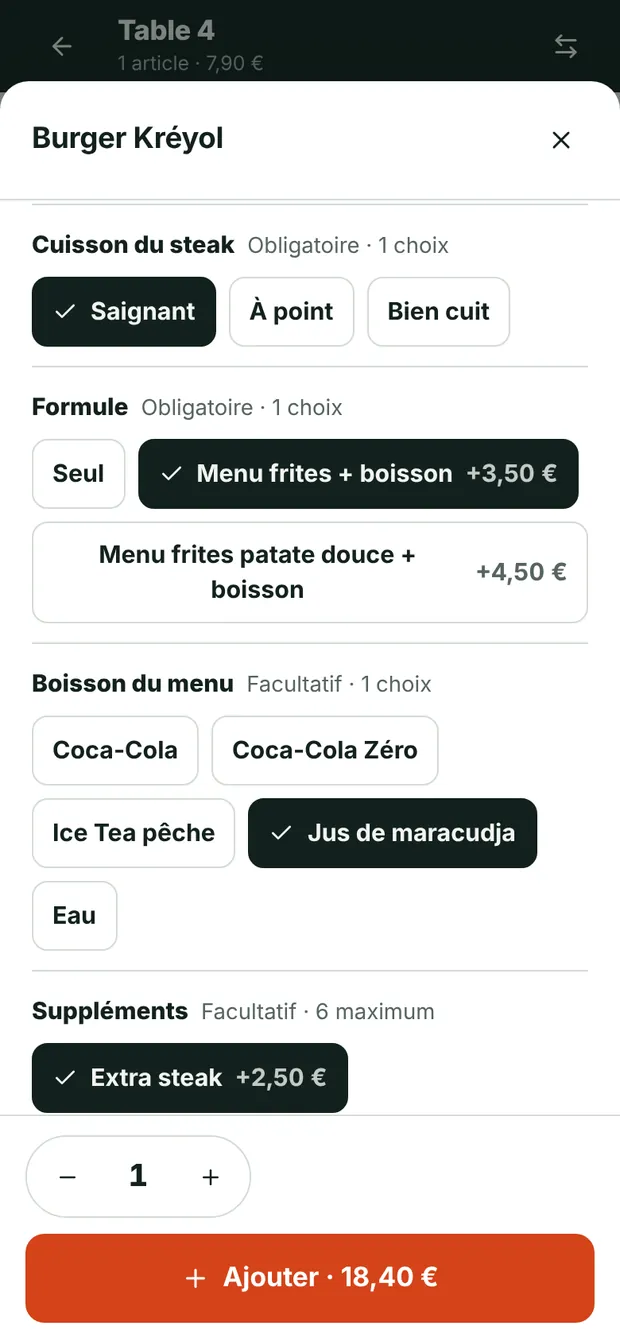 Téléphone du serveur : personnalisation d'un burger (cuisson, suppléments, sans oignon)